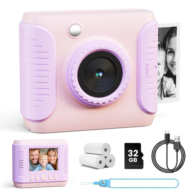 CalineGam Kinderkamera Sofortbildkamera, 1080P HD Sofortbildkamera Kinder mit 32GB Karte, 2,4 Zoll Digitalkamera Kinder, Kinderspielzeug Geschenke für Jungen und Mädchen 3-12 Jahre (Rosa)