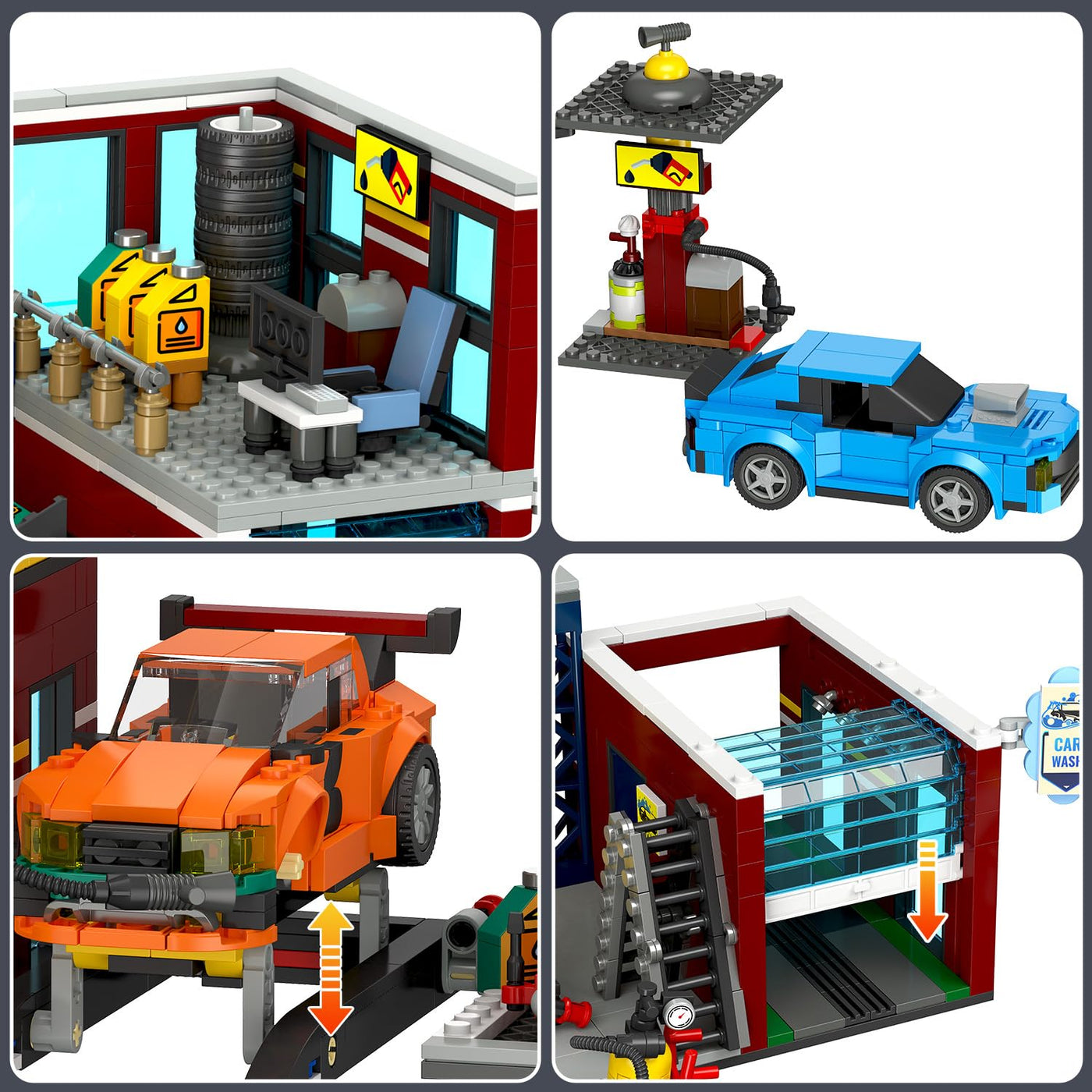 HOGOKIDS 3 IN 1 City Auto Garage Bausteine, 1022 Teiles Technik Autowerkstatt, Waschanlage, Werkstatt mit 2 Autos Bausatz Mechanic Reparatur Baustelle Spielzeug Geschenk für 10+ Jungen Kinder Mädchen
