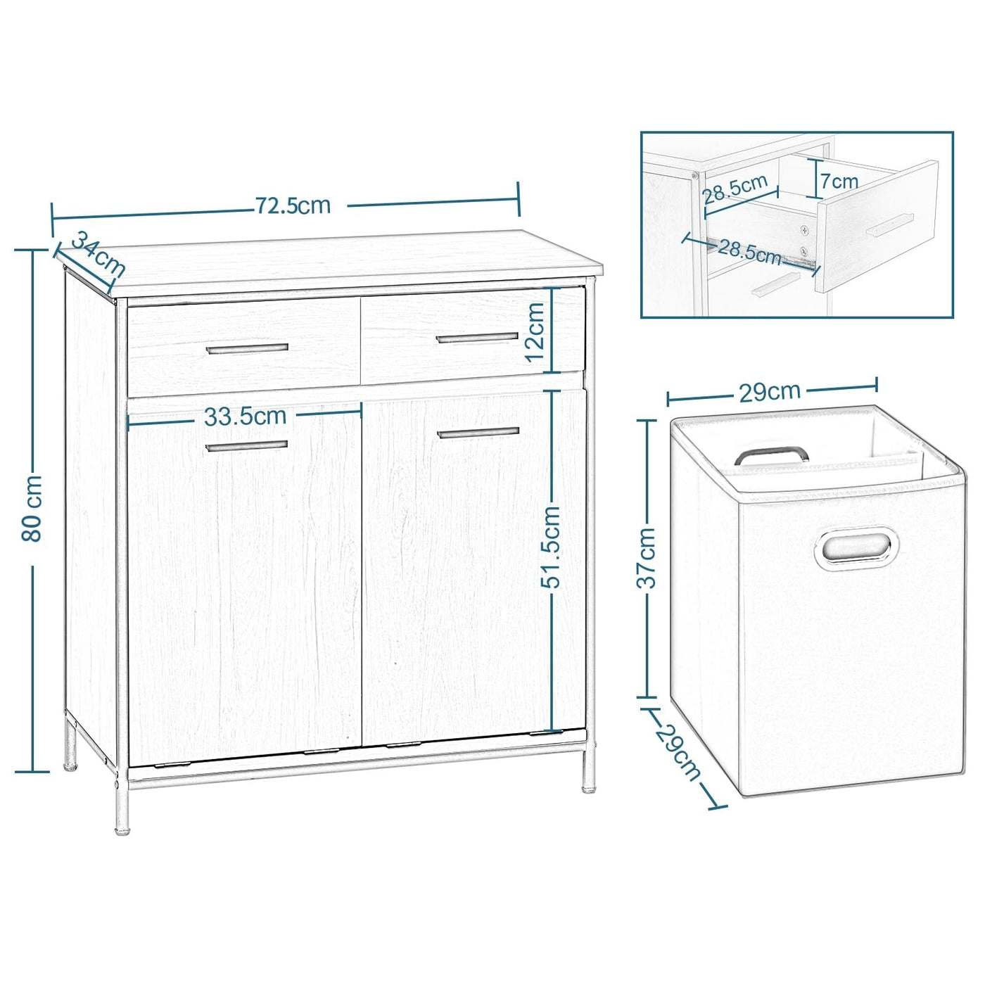 EUGAD Badezimmerschrank mit 2 faltbaren Wäschesäcken, Wäscheschrank mit 2 Schubladen, Wäschesammler Wäschekorb, Badschrank Badmöbel mit Metallrahmen, helle Eiche + Schwarz, 72,5x80x34 cm