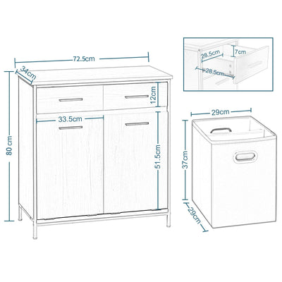 EUGAD Badezimmerschrank mit 2 faltbaren Wäschesäcken, Wäscheschrank mit 2 Schubladen, Wäschesammler Wäschekorb, Badschrank Badmöbel mit Metallrahmen, helle Eiche + Schwarz, 72,5x80x34 cm