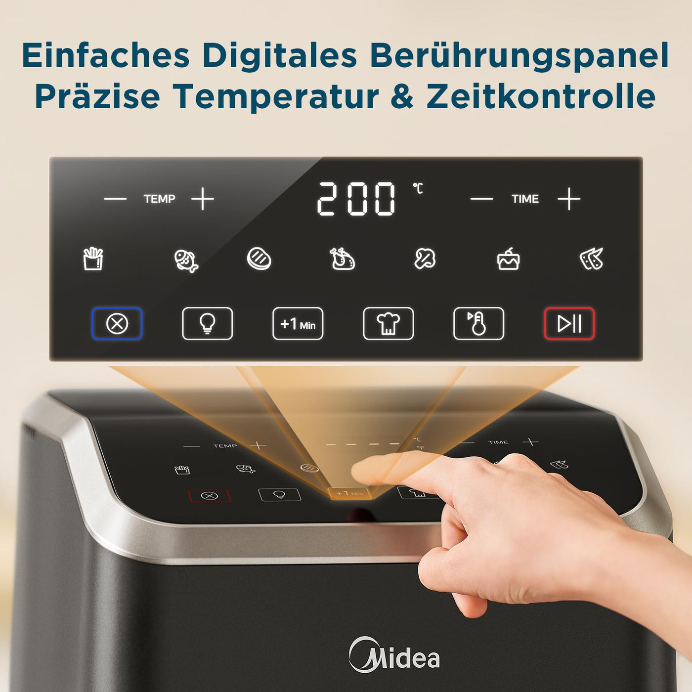 Midea Heißluftfritteuse 5L Fassungsvermögen, HeatXpress Technologie 90% weniger Öl, Energie- und Zeitersparnis mit 7 Voreinstellungen, Easy-View Fenster & Licht, Antihaft, Schwarz