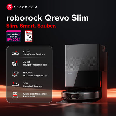 roborock Qrevo Slim Saugroboter mit Wischfunktion – 8,2 cm Ultra-Slim Design, StarSight™ 3D ToF Navigation, 11,000Pa HyperForce Saugleistung, 8-in-1 Dock, FlexiArm Seitenbürste