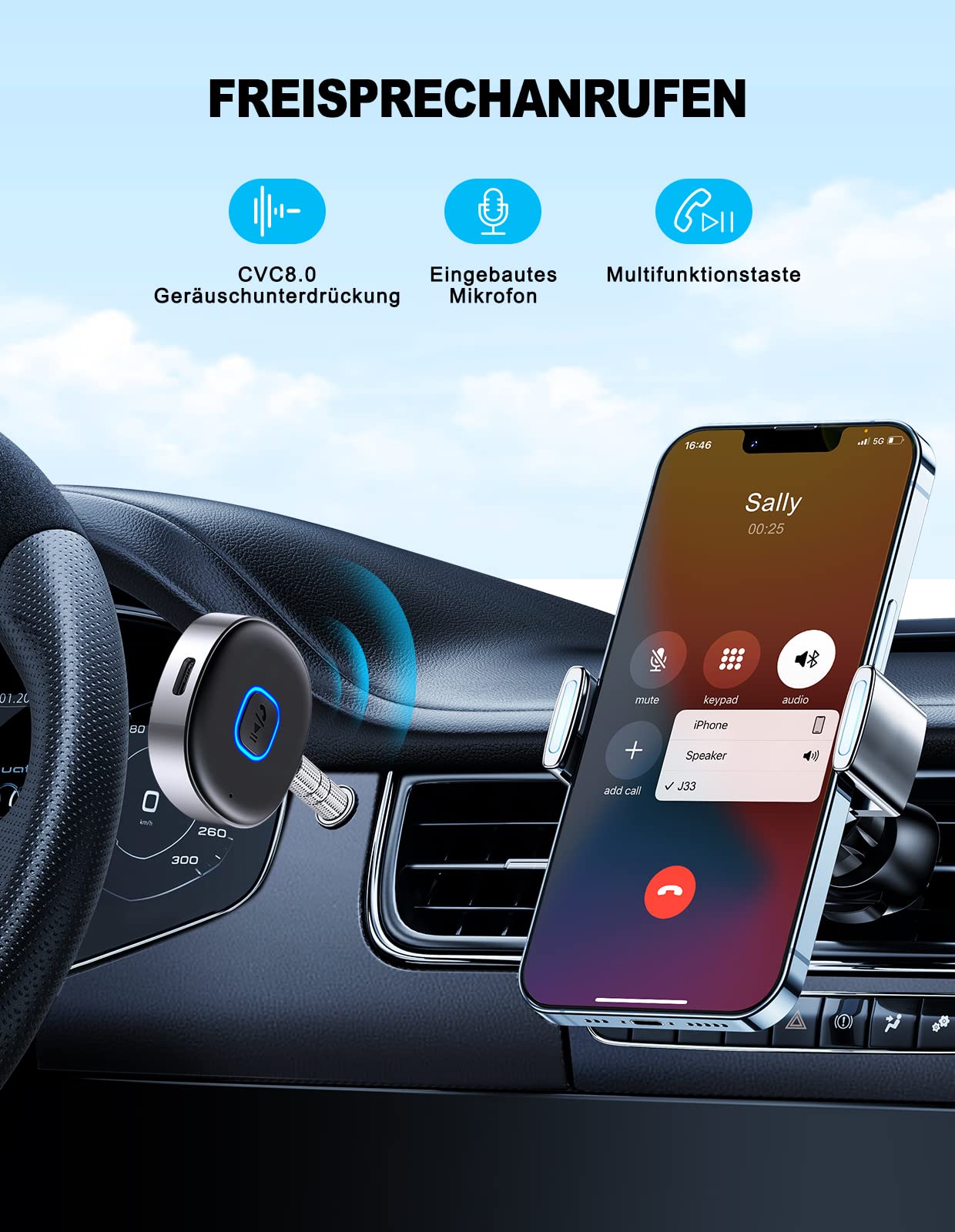 Mohard AUX Bluetooth Adapter Auto, Drahtloser KFZ Bluetooth 5.3 Empfänger für Heim-Stereo/Kabelgebundene Kopfhörer, Bleutooth Adapter AUX 3,5mm, Auto Equalizer, Dual Verbindung, 16 Stunden Spielzeit