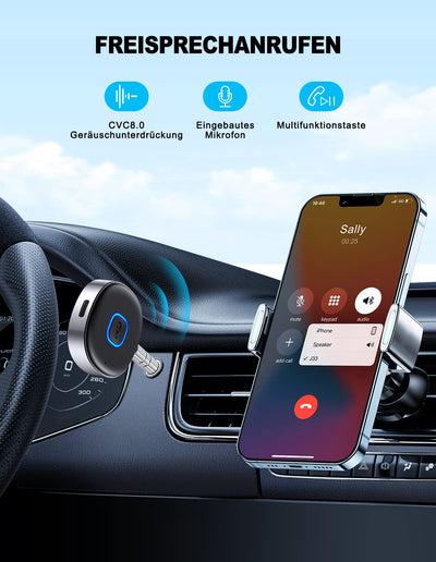 Mohard AUX Bluetooth Adapter Auto, Drahtloser KFZ Bluetooth 5.3 Empfänger für Heim-Stereo/Kabelgebundene Kopfhörer, Bleutooth Adapter AUX 3,5mm, Auto Equalizer, Dual Verbindung, 16 Stunden Spielzeit