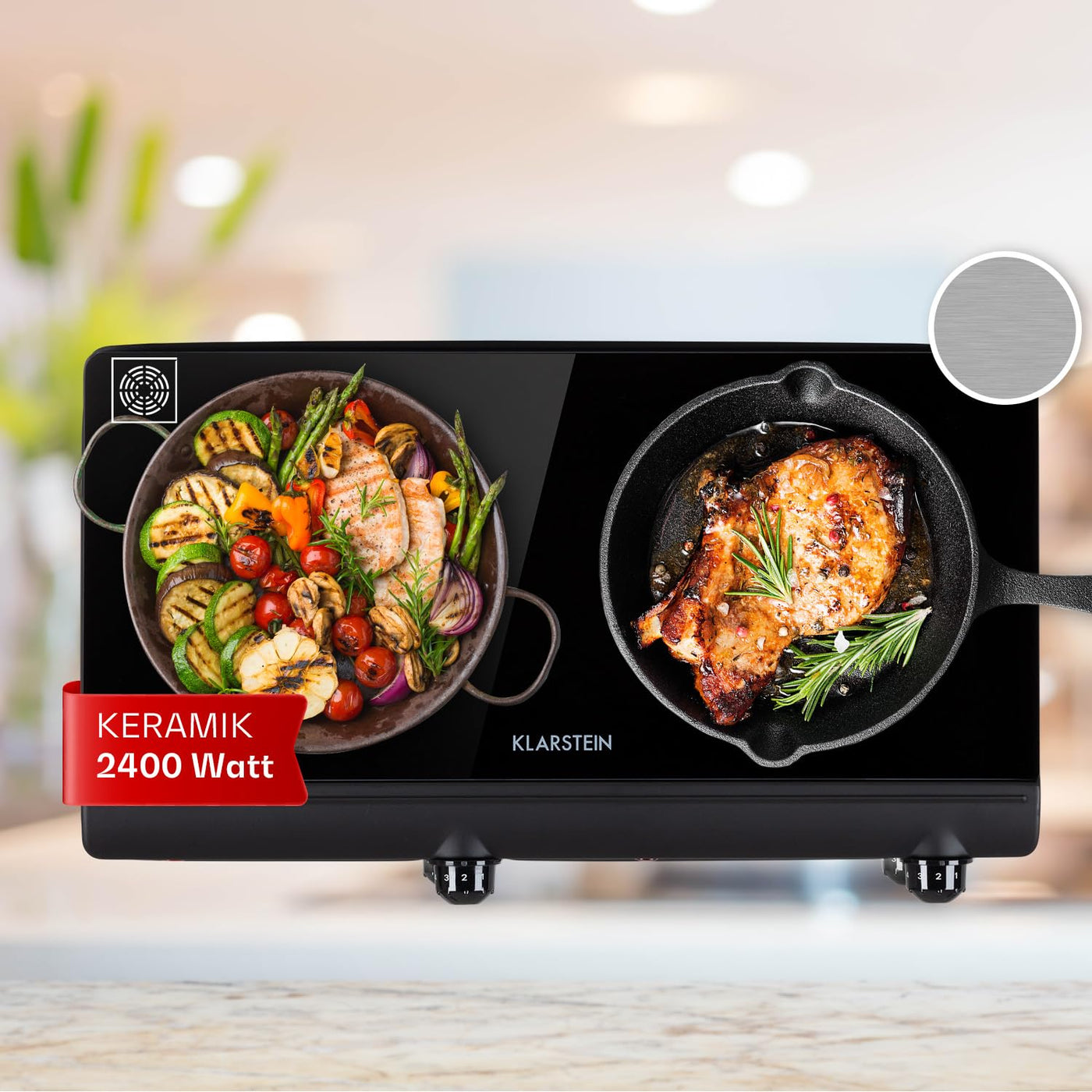 Klarstein Glaskeramik Kochfeld, Einbau-Kochfeld mit 2 Platten, 2400 W Elektro Kochfeld zum Kochen, Modernes Glaskeramikkochfeld, Glaskeramik Herdplatte mit 2 Kochfelder, Einbau Kochfeld Keramik