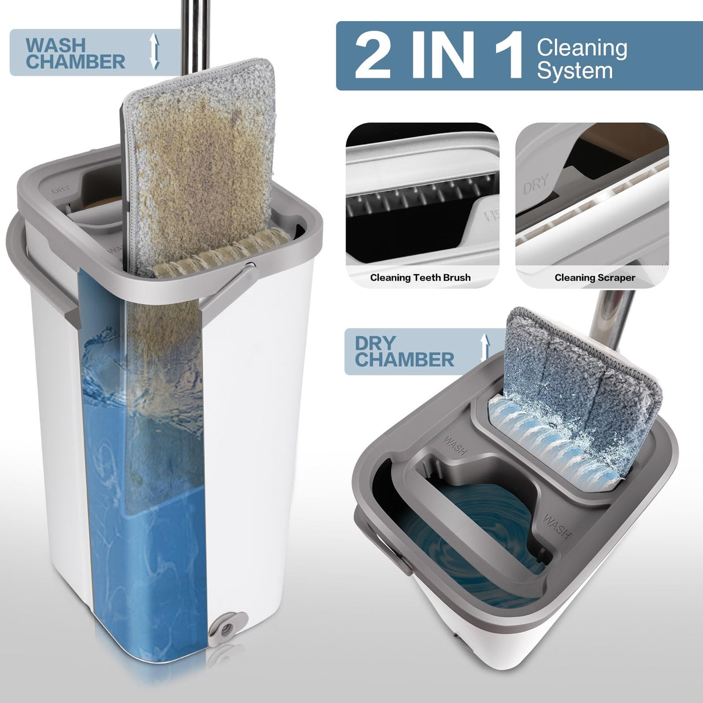 Masthome Wischmopp Set mit Eimer,Bodenwischer Set mit 10 Mikrofaser Pads und Langem Edelstahl Griff,Putzeimer mit Wischmop,Wischmopp mit Auswringfunktion für Alle Böden,Weiß