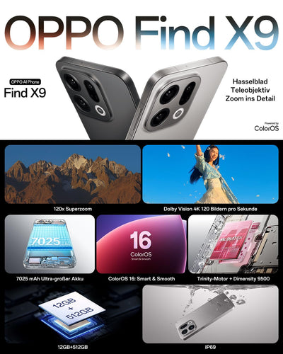 OPPO Find X9 5G 12+512GB, AI-freigeschaltetes Smartphone, 6,59" 120Hz ProXDR Display, 50MP Hasselblad-Kamera, 4K Motion, 7025 mAh Akku, IP69, Space Black (inkl. 80W SUPERVOOC Ladegerät und Enco Air4)