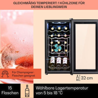 Klarstein Weinkühlschrank, 1 Zonen Getränkekühlschrank Klein, Kleiner Weinschrank 53L, Wein-Kühlschrank Klein mit Glastür, Indoor/Outdoor Flaschenkühlschrank, Wine Fridge 5-18°C, 15 Flaschen