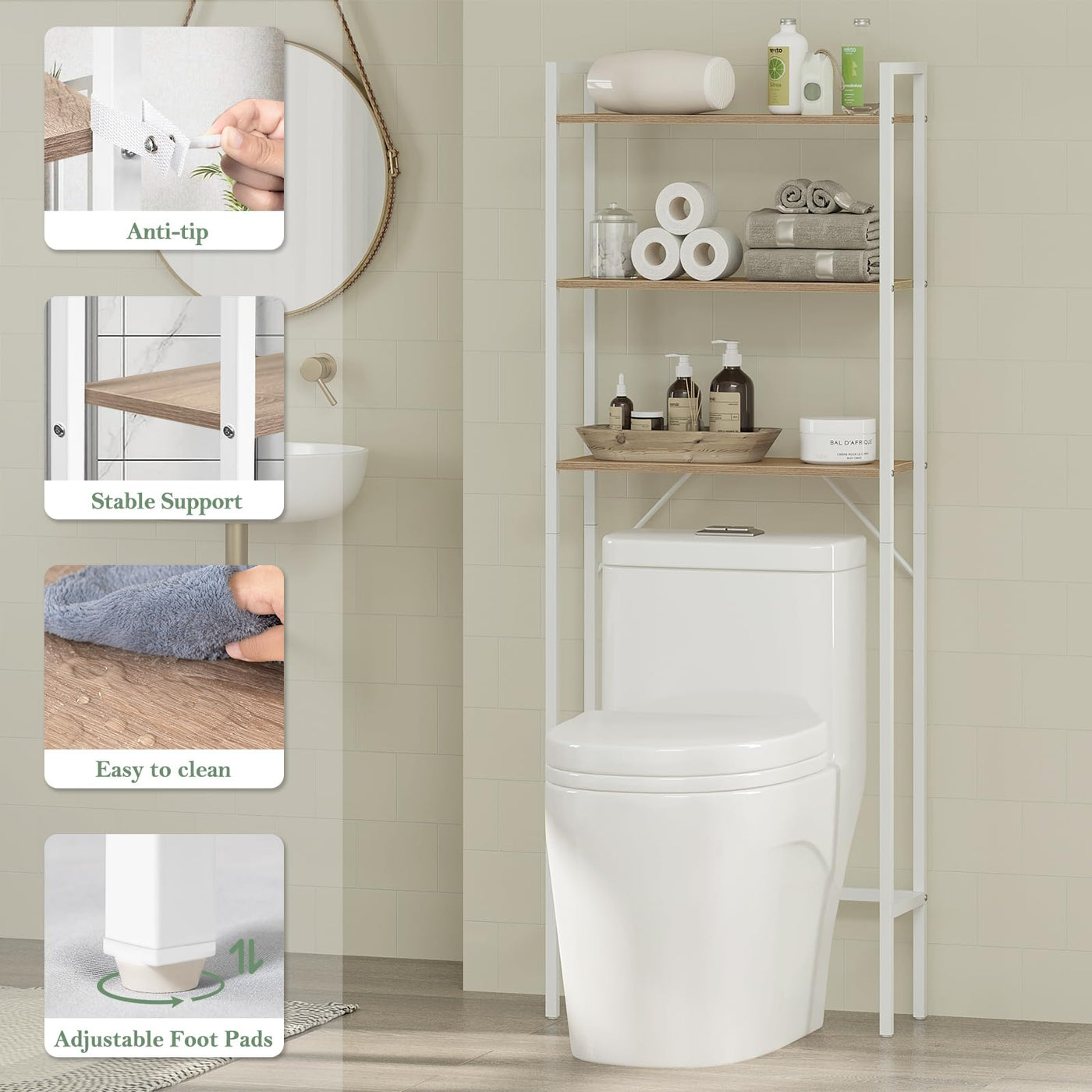 EUGAD Waschmaschinenregal, WC Regal über Waschmaschine Toilette, Waschmaschinenschrank Überbauschrank, Toilettenschrank, 3 Ablagen, Handtuchhalter, Metall Holzwerkstoff, 67x162x40 cm, Weiß