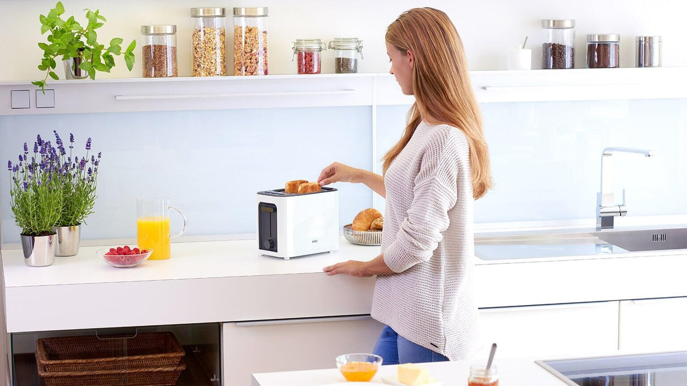 Braun HT 3010 WH Toaster | Doppelschlitz | Herausnehmbare Krümelschublade | Aufwärm- und Auftaufunktion | 7 Röstgrade | Separater Brötchenaufsatz | Weiß