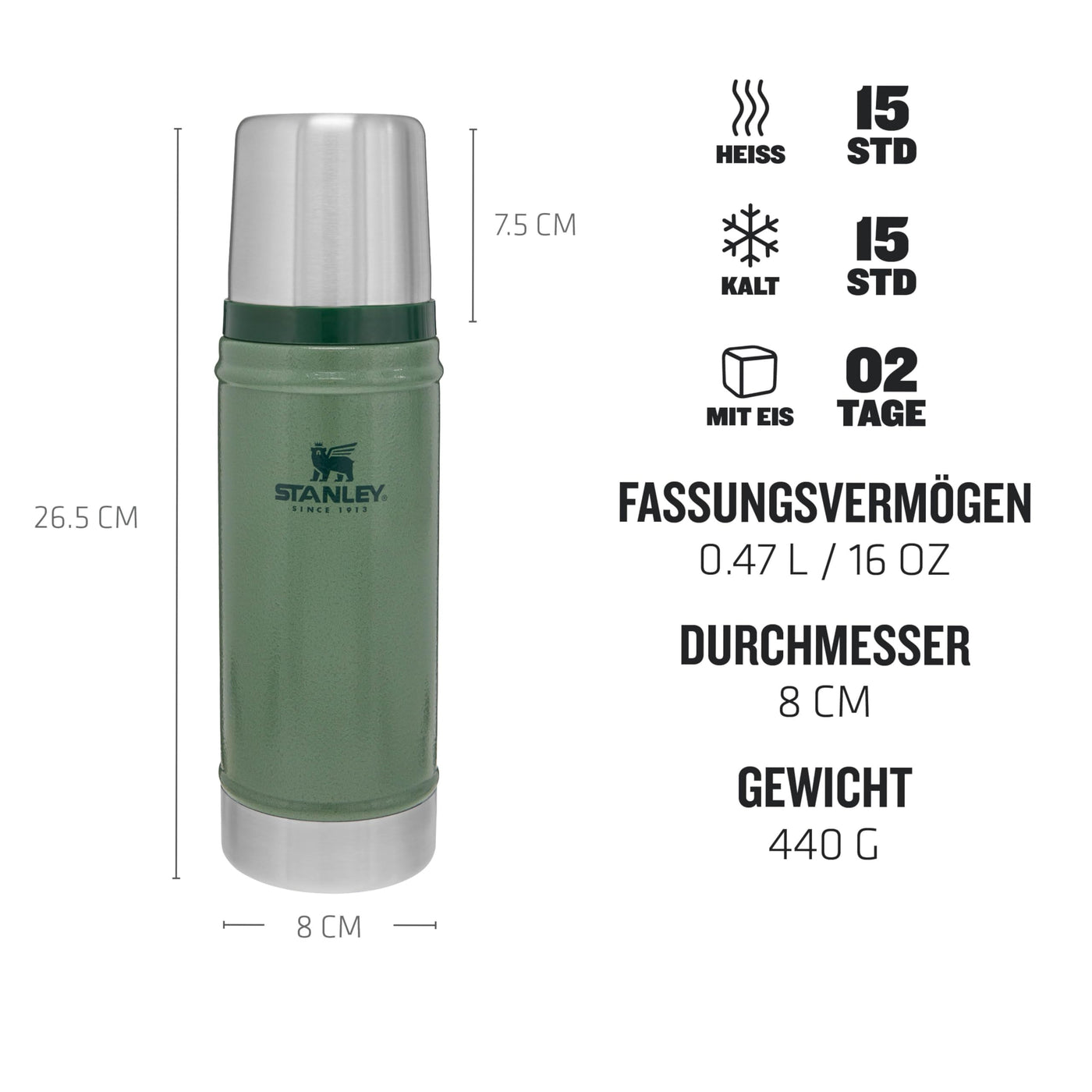 Stanley Classic Legendary Thermosflasche 473 ml - Thermos Hält 15 Stunden Heiß oder Kalt - Edelstahl Thermoskanne - BPA-Frei - Spülmaschinenfest - Hammertone Green
