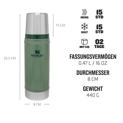 Stanley Classic Legendary Thermosflasche 473 ml - Thermos Hält 15 Stunden Heiß oder Kalt - Edelstahl Thermoskanne - BPA-Frei - Spülmaschinenfest - Hammertone Green