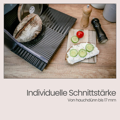 Steba Allesschneider, platzsparend, Made in EU, Edelstahlmesser, Schnittstärke bis 17mm einstellbar, doppelter Sicherheitsschalter, inkl. Handschutz, AS100