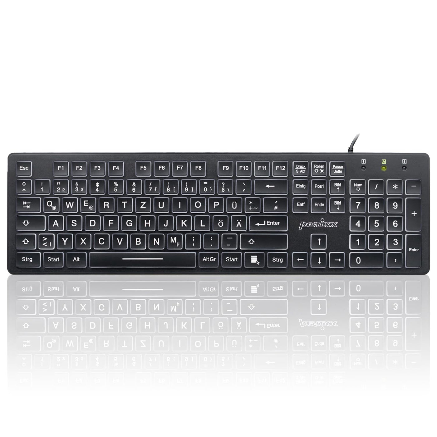 Perixx Periboard-317, Kabelgebundene Tastatur mit weißer LED Hintergrundbeleuchtung, Große Druckbuchstaben, Vollformat, Deutsches QWERTZ Layout