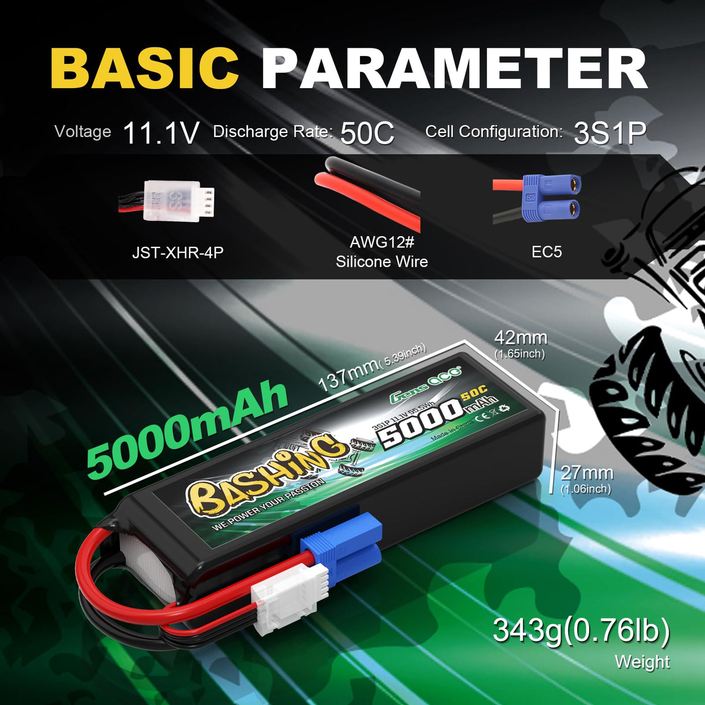 Gens ace 3S Lipo 5000mAh 11.1V 3S1P 50C Bashing Lipo Akku mit EC5 Stecker für die meisten RC-Autos im Maßstab 1/8, 1/10