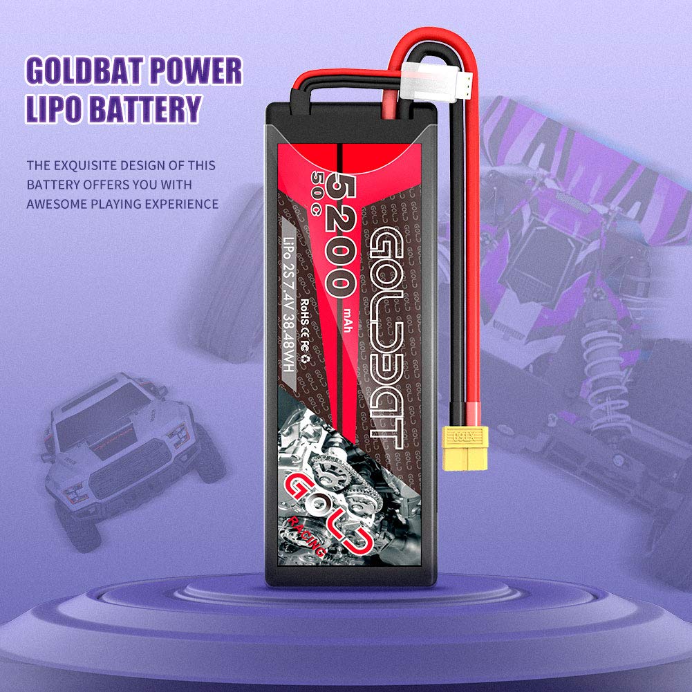 GOLDBAT 2S Lipo RC Akku 7,4V 50C 5200mAh LiPo Akku Hardcase Pack mit XT60 Stecker für RC Auto Evader RC Hubschrauber RC Truggy Buggy Evader BX Auto LKW Truck RC Hobby (2Packs)