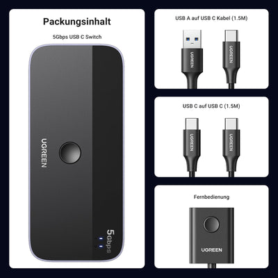 UGREEN USB C Switch 2PC USB Switch 3.0 mit 1xUSB C Port und 3xUSB A Ports, 2 In 4 Out USB-C Switch USB Umschalter Aluminiumgehäuse mit 2USB-C auf A/C Kabeln für Tastatur, Maus, Drucker, USB Stick usw.