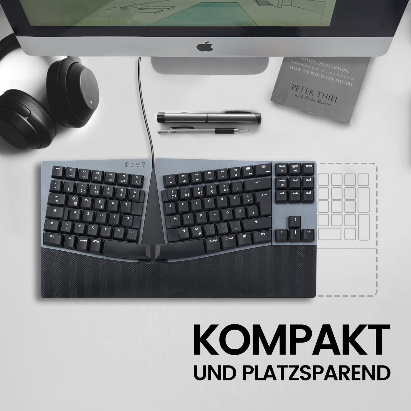 Perixx PERIBOARD-335RD DE, Kabelgebundene ergonomische mechanische Tastatur – Low-Profile Red Linear Switches – Programmierbare Funktion – Kompatibel mit Windows und Mac OS X – Deutsch QWERTZ