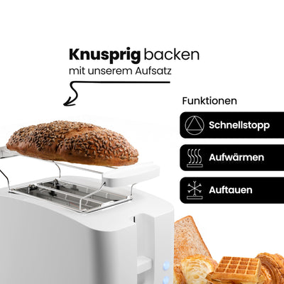 Clatronic® Toaster 2 Toastschlitze | Toaster mit Brötchenaufsatz | Toaster 2 Scheiben mit Liftfunktion | Toster mit Auftau- und Aufwärm-Funktion | für Brötchen und Toast | TA 3801 weiß