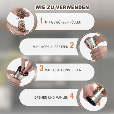 KitchenBoss Salz und Pfeffermühle 2er Set：Gewürzmühle Einstellbar Salzmühle für Grobes Salz, Salt and Pepper Grinder mit Keramikmahlkern, für Salz, Pfeffer, Chilli (Unbefüllt)