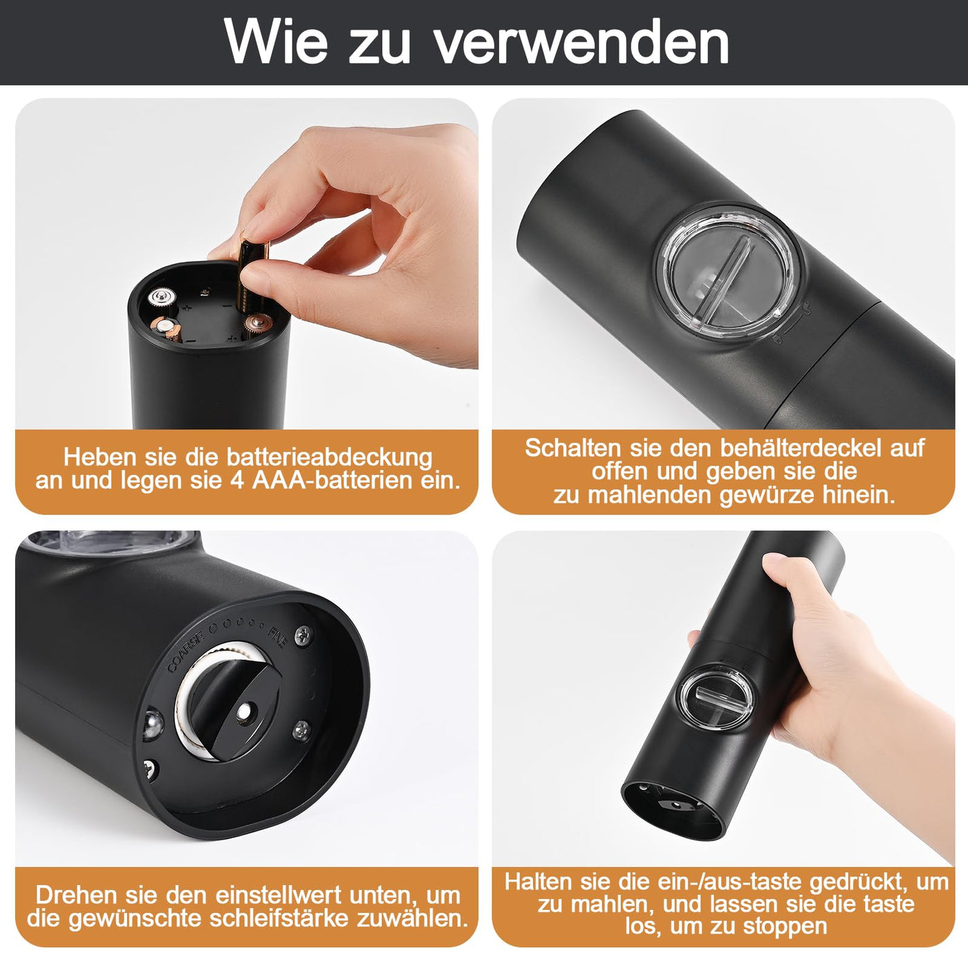 Herboom 2Stück Elektrische Salz und Pfeffermühle Set mit Reinigungsbürste, Mahlen Einstellbare Grobheit mit LED-Licht für BBQ Restaurant Küche, Batteriebetrieben (Batterien nicht enthalten)