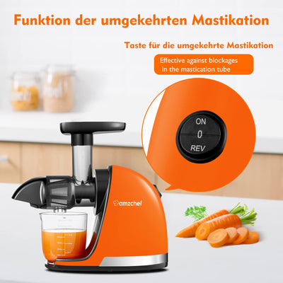 AMZCHEF Entsafter Gemüse und Obst Testsieger - Entsafter Slow Juicer mit Rückwärts-Kau-Funktion - Zartes Zerkleinern ohne Filtern - Saftpresse Elektrisch mit Bürste und 2 Tassen - Lebendiges Orange