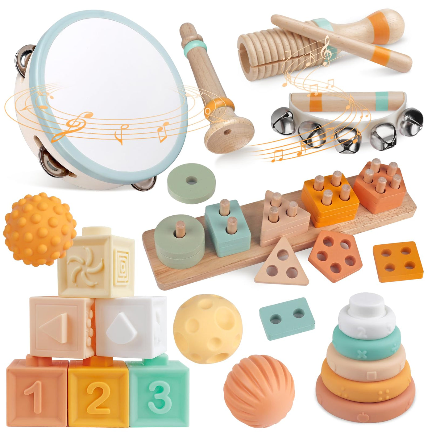 Musikinstrumente für Kinder ab 1-3 Jahre Holz Montessori Instrumente Musikinstrumente Baby 6 bis 12 Monate Percussion-Instrumente Musikspielzeug-Set für Kleinkinde (Natürlich)