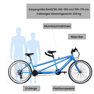 Galano Tandem Fahrrad 2 Personen Mountainbike 21 Gang Schaltung ab 145 cm Hardtail MTB Damen und Herren 26 Zoll mit Alurahmen Oakland (blau, 43/38 cm)