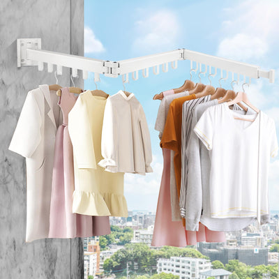 SWAWIS Wäscheständer Wandmontage Kleiderstange 120cm Ausziehbar Klappbar Wäscheständer Kleiderstange Wand mit 18 Haken für Balkon, Wäsche, Badezimmer, Schlafzimmer, DREI Falten, Weiß