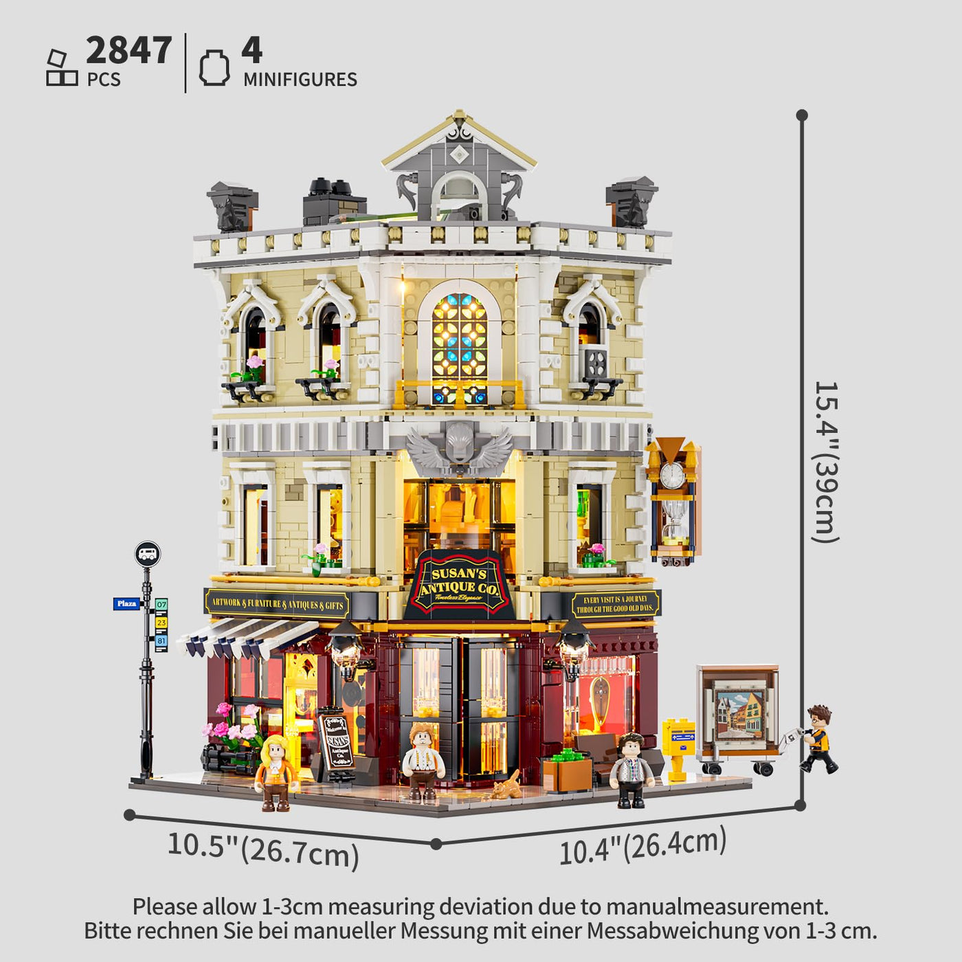 Funwhole Antiquitätengeschäft Beleuchtung Bausteinset - Stadtleben Eckladen LED-Licht Baukasten Modellset 2847 Stücke für Erwachsene und Jugendliche,F9033