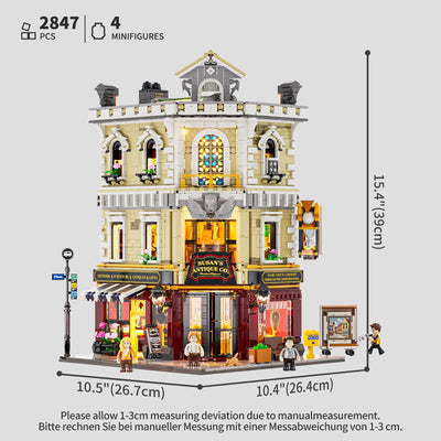 Funwhole Antiquitätengeschäft Beleuchtung Bausteinset - Stadtleben Eckladen LED-Licht Baukasten Modellset 2847 Stücke für Erwachsene und Jugendliche,F9033