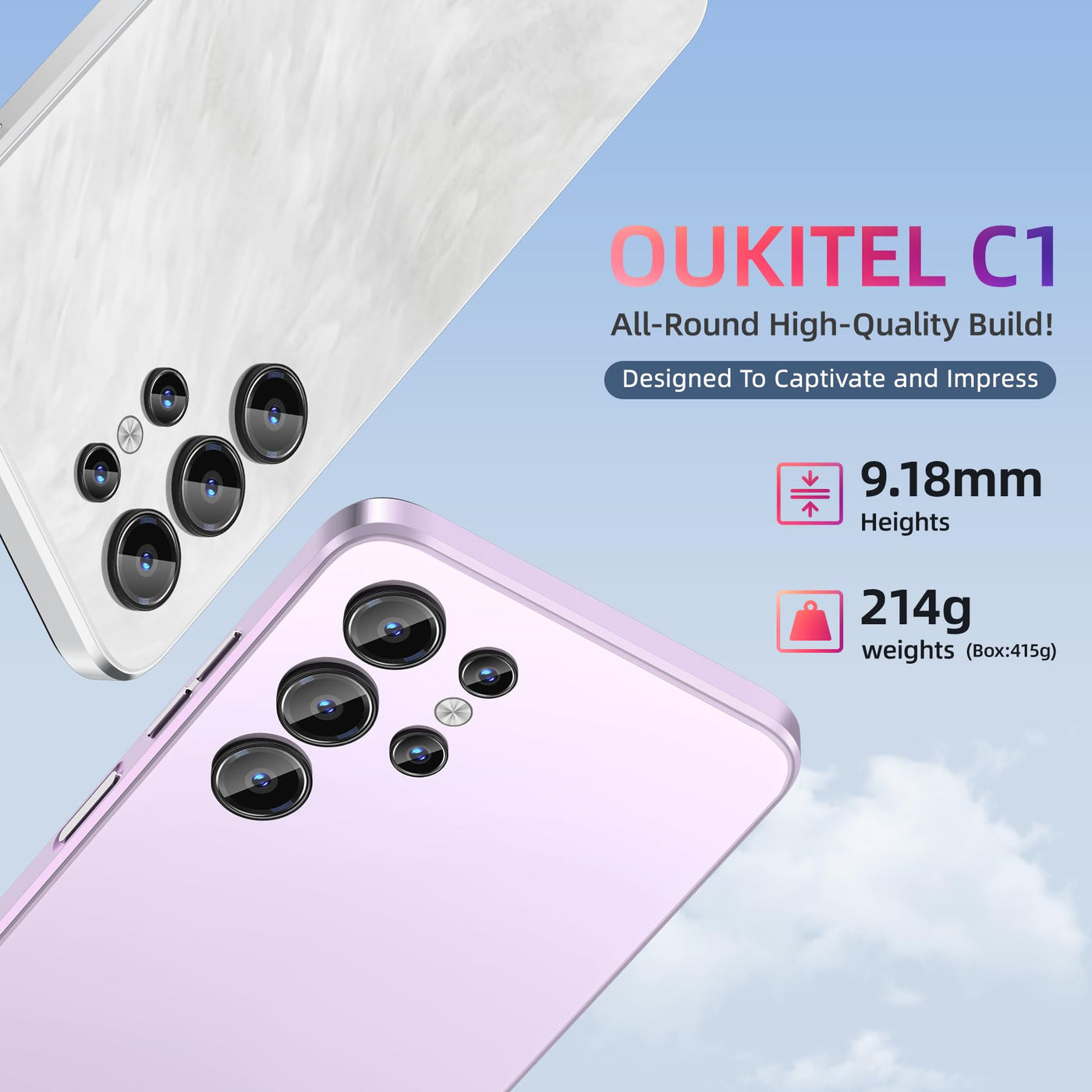 OUKITEL C1 Android 15 Smartphone Ohne Vertrag, 16GB+128GB /1TB Handy Günstig, 6.52" HD+ Handy Ohne Vertrag,5150mAh Simlockfreie Handys, 13MP+5MP, Dual 4G SIM 3 Steckplatz/Fingerabdruck/OTG/3.5mm Jack