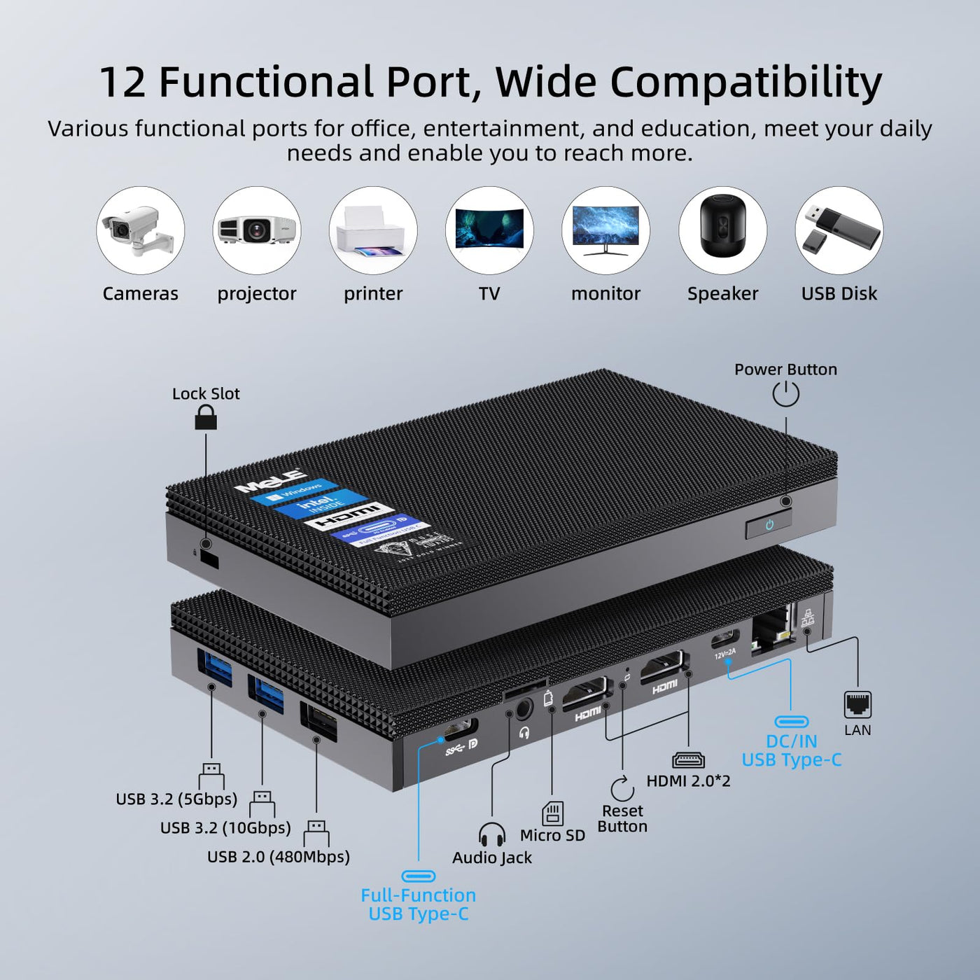MeLE Mini-PC Quiter4C N100, ohne Betriebssystem, Lüfterloser PC 8GB/128GB, Multi-System-Unterstützung für Win/Linux/Ubuntu, 4K HDMI,USB-C PD3.0 mit voller Funktion, Kleiner Formfaktor für IoT