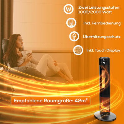 Tronitechnik® Heizlüfter Turmheizstrahler 1000 / 2000W Heizstrahler Standheizstrahler mit Fernbedienung Timer Kamineffekt Heizung Turm-Keramik-Heizer Heizlüfter Heizgerät Kamin Oszillationsfunktion
