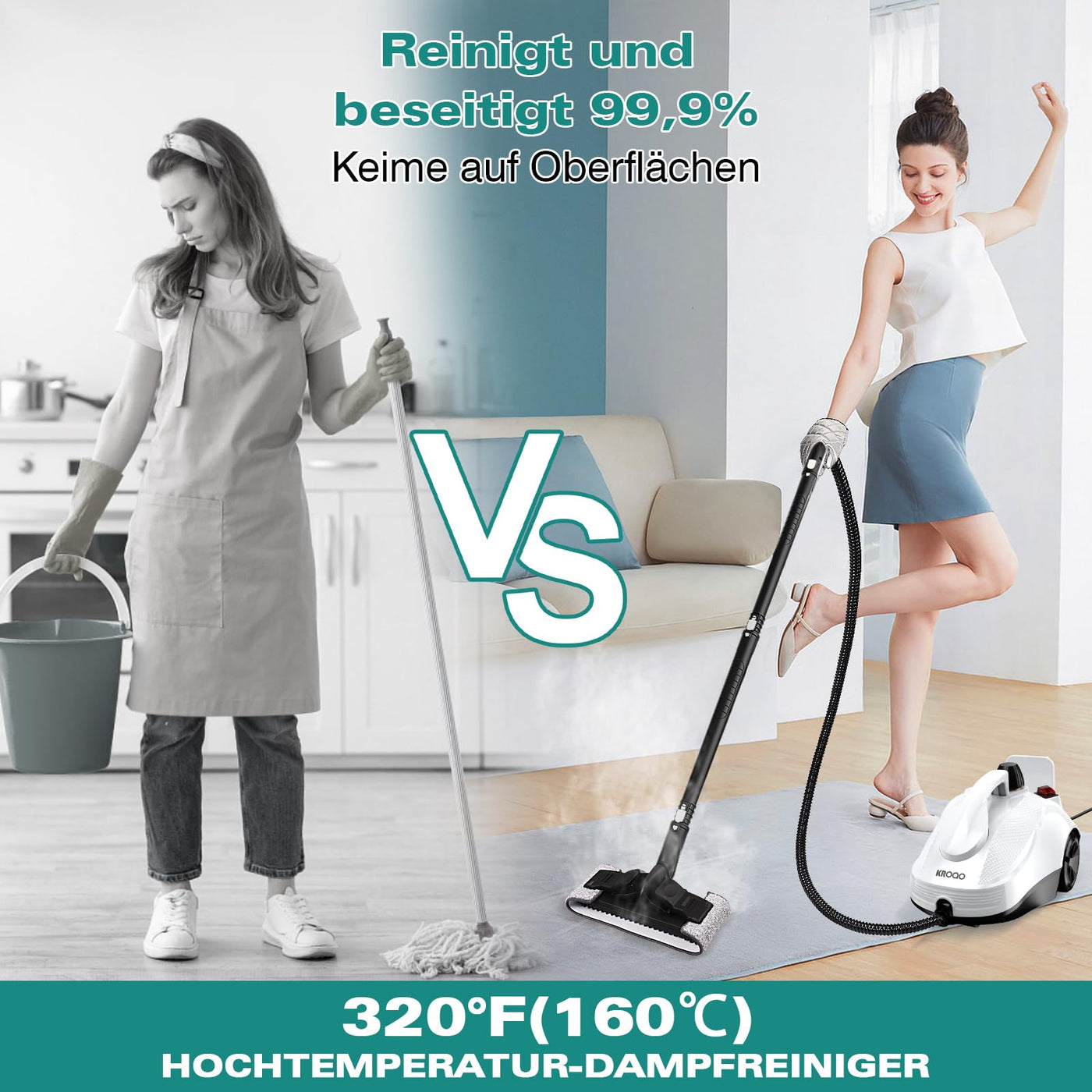 KROQO Dampfreiniger,Mehrzweck-Dampfreiniger Handgerät,Dampfreiniger für alles mit 23-Zubehörteilen,Entfernen von Tapeten,Boden,Teppich,Sofa,Polstermöbel,Auto,Fliesen,Polster,Bad- 1.5L Steam Cleaner