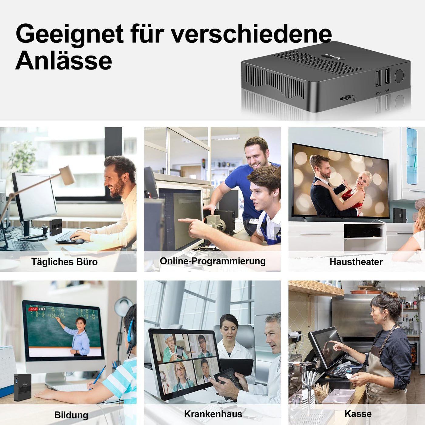 UXX Mini PC Unterstützung 512GB M.2 SSD Erweiterung, N3350 Micro Desktop Computer 64GB eMMC, Gaming PC 4K UHD Dual Display, BT, 2.4/5G WiFi, USB 3.0, HDMI für Büro/Home (Grau)