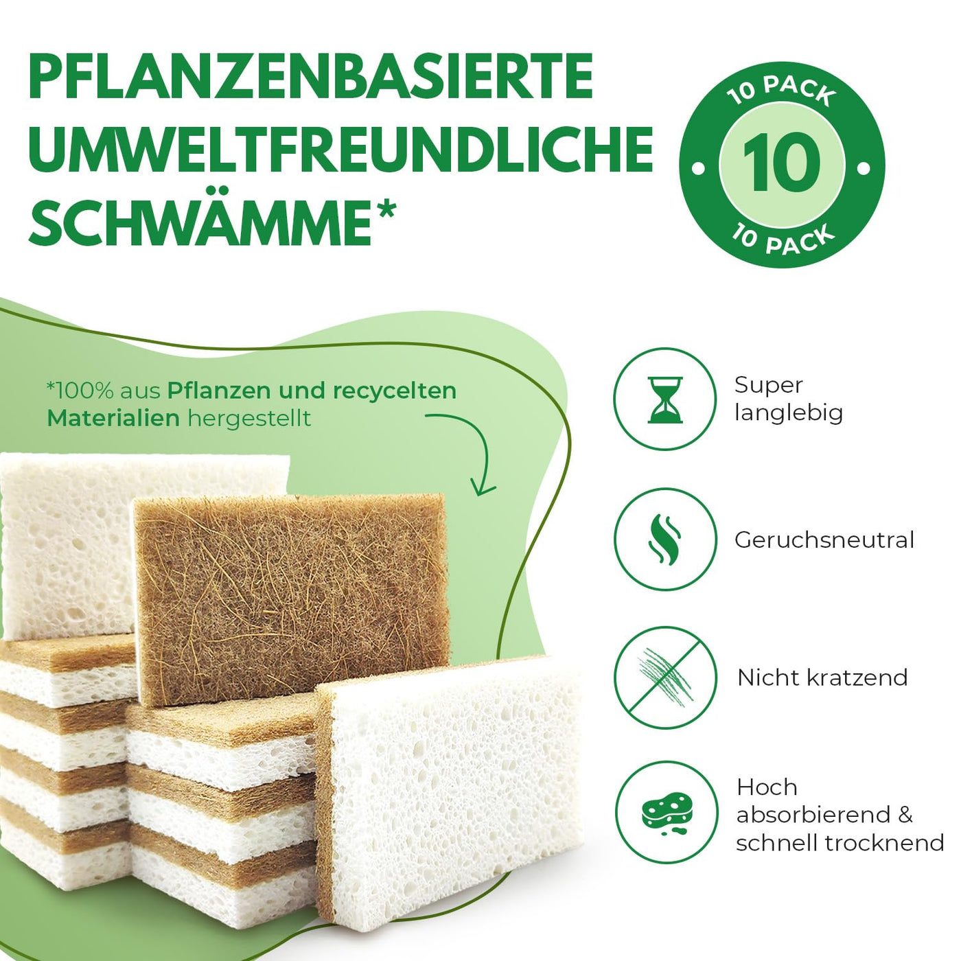 AIRNEX Biologisch Abbaubarer Spülschwamm 10er Set – Kompostierbarer Naturschwamm Aus Zellulose und Kokosfasern Mit Topfreiniger– Umweltfreundlicher Putzschwamm – Geruchloser Küchenschwamm Sponge