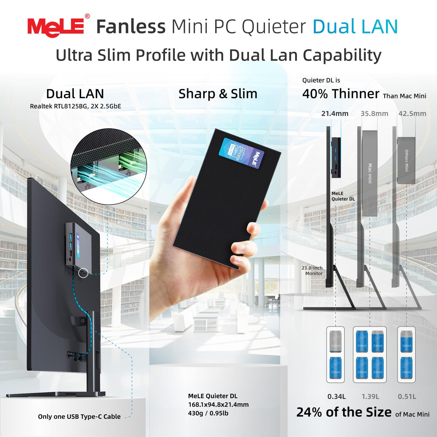 MeLE QuieterDL Lüfterloser Mini PC 2.5Gb Dual LAN Alder Lake N100(bis zu 3.4GHz) 8B DDR4 128GB ROM Windows 11 Home Mikro PC USB-C HDMI2.0+DP1.4 Desktop-Computer mit DREI Bildschirmen