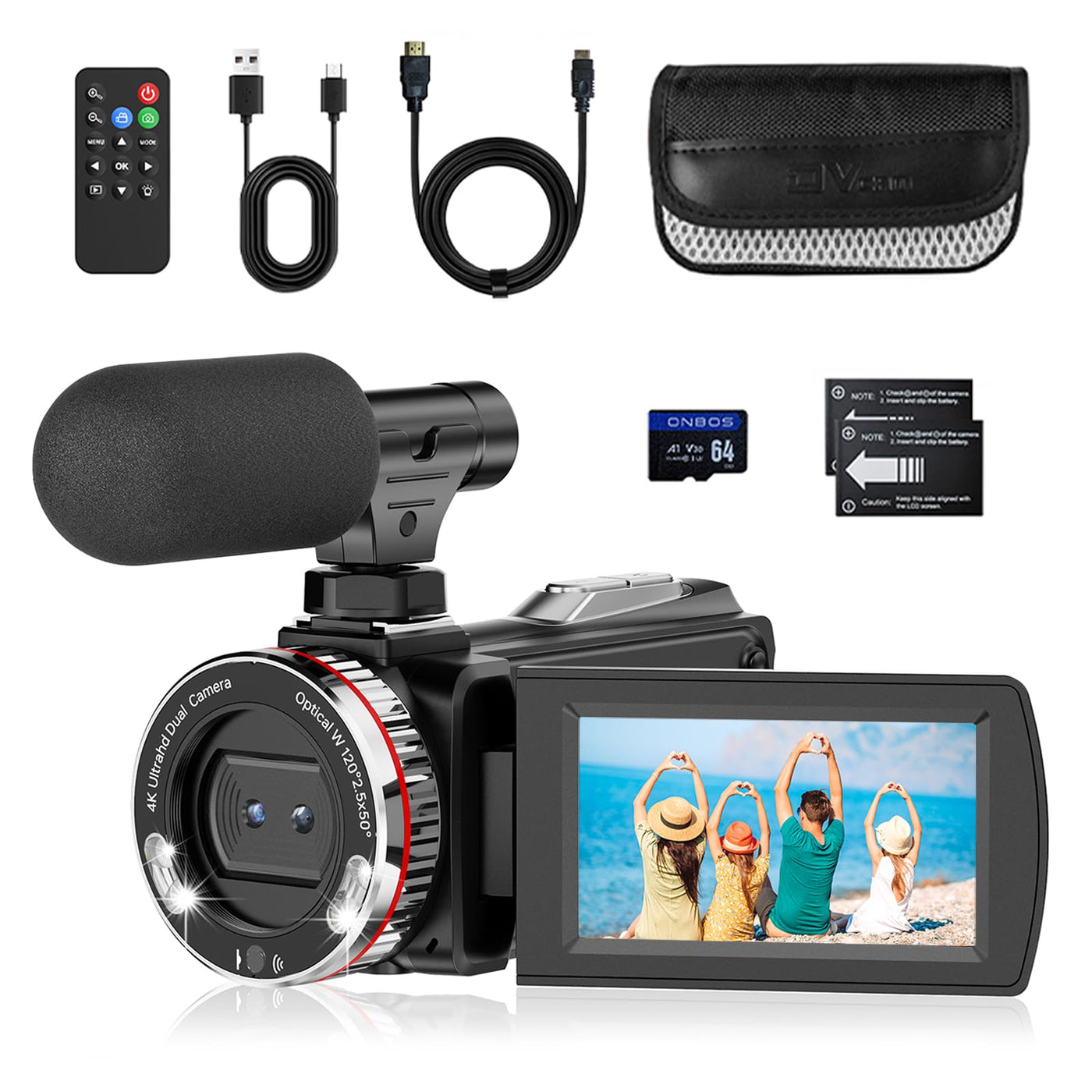 Videokamera 4K 60FPS Camcorder, 48MP 21X Digitalzoom Vlogging Kamera für YouTube, 3.0'' 270°Drehbarer Screen Vlog Camera, Video Kamera mit Externem Mikrofon, Fernbedienung, 64 GB Karte, 2 Batterien