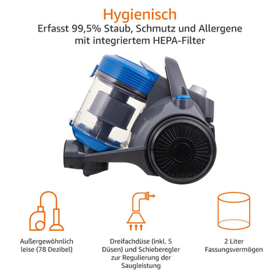 Amazon Basics Zylinder-Staubsauger, leistungsstark, kompakt und leicht, ohne Beutel, für Hart- und Teppichböden, HEPA-Filter, 700 W, 2.0 L, EU, Schwarz/Blau