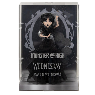 Monster High Wednesday Puppe, Rave’N Wednesday Sammelfigur in schwarzem Gothic-Kleid, inspiriert von der Tanzszene, Premium-Accessoires und Puppenständer, HXJ03