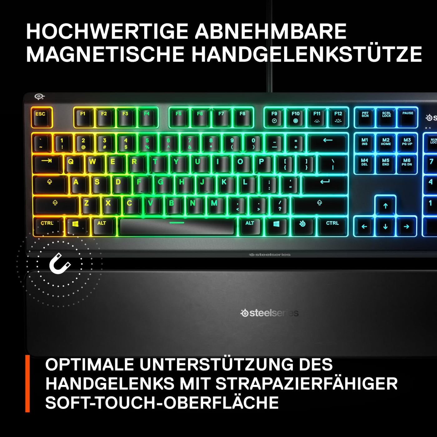 SteelSeries Apex 3 - Gaming Tastatur - 10-Zonen RGB-Beleuchtung - Premium magnetische Handballenauflage - Deutsches (QWERTZ) Layout