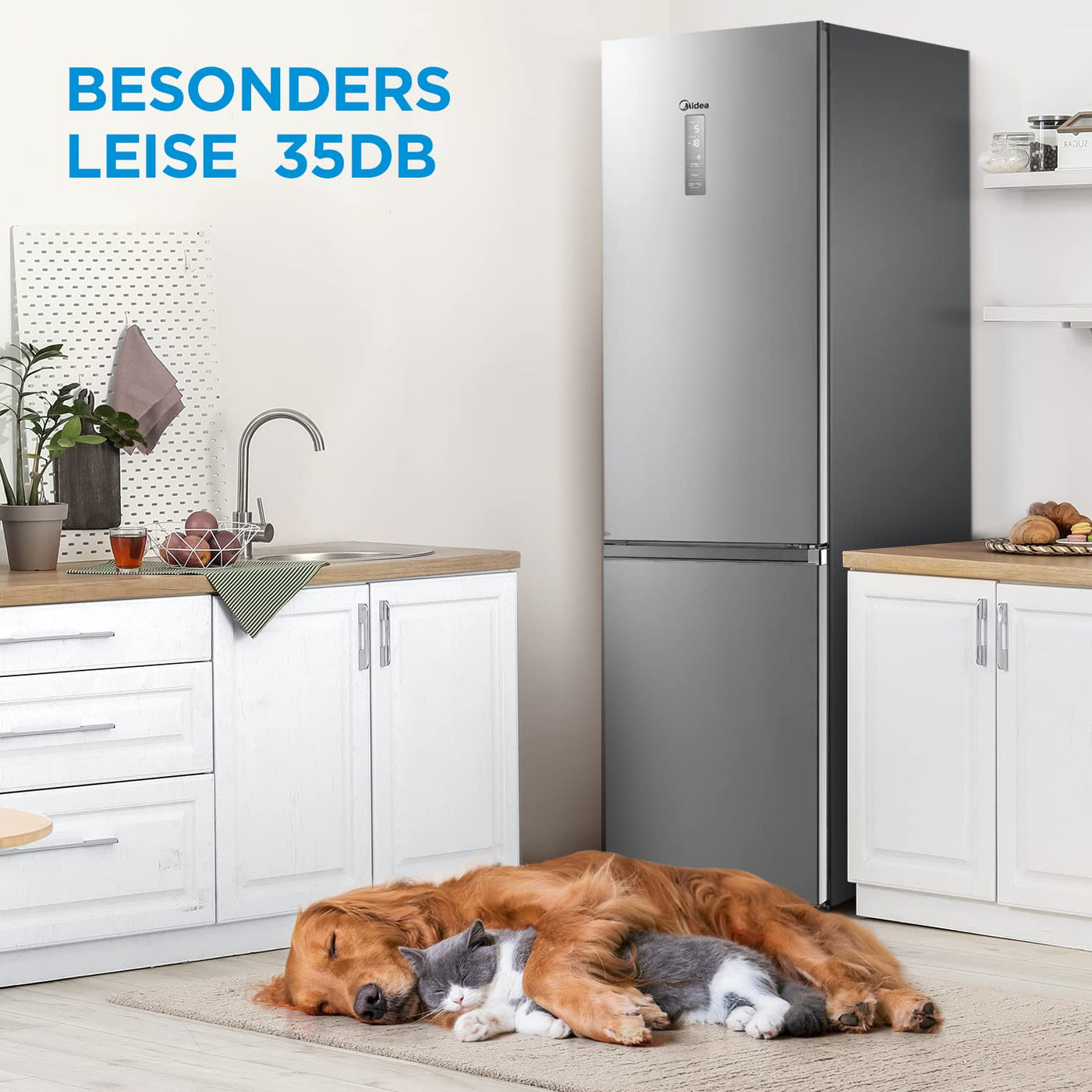 Midea MDRB521MGB02 Kühl-/Gefrierkombination/NoFrost/Inverter Kompressor/Metal Cooling/Niedrigtemperaturzone/180° Verstellbare Gefrierfach-Schublade/201 cm hoch/256 L Kühlteil/122 L Gefrierteil