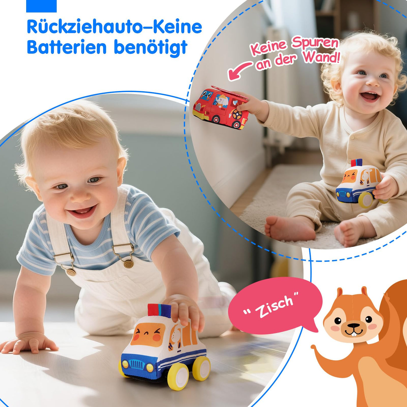 Hahaland Baby Spielzeug 6 12 Monate,4 Stück Spielzeugautos Set, Plüsch Pull-Back & Go Autospielzeug mit Spielmatten,Montessori Auto Spielzeug für 1 2 3 Jahr Jungen Mädchen,Geschenk für Kinder
