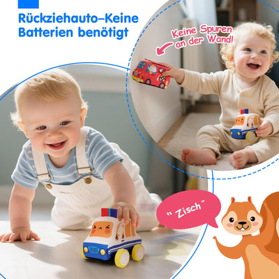 Hahaland Baby Spielzeug 6 12 Monate,4 Stück Spielzeugautos Set, Plüsch Pull-Back & Go Autospielzeug mit Spielmatten,Montessori Auto Spielzeug für 1 2 3 Jahr Jungen Mädchen,Geschenk für Kinder