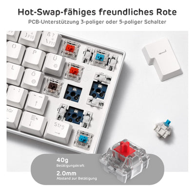 RK ROYAL KLUDGE RK61-DE 60% Bluetooth/kabelgebundene / 2.4Ghz kabellose mechanische Tastatur, 61 Tasten, Hot-Swap-fähige Rote Schalter Gaming-Tastatur für Win/Mac, Weiß, QWERTZ Deutsches Layout