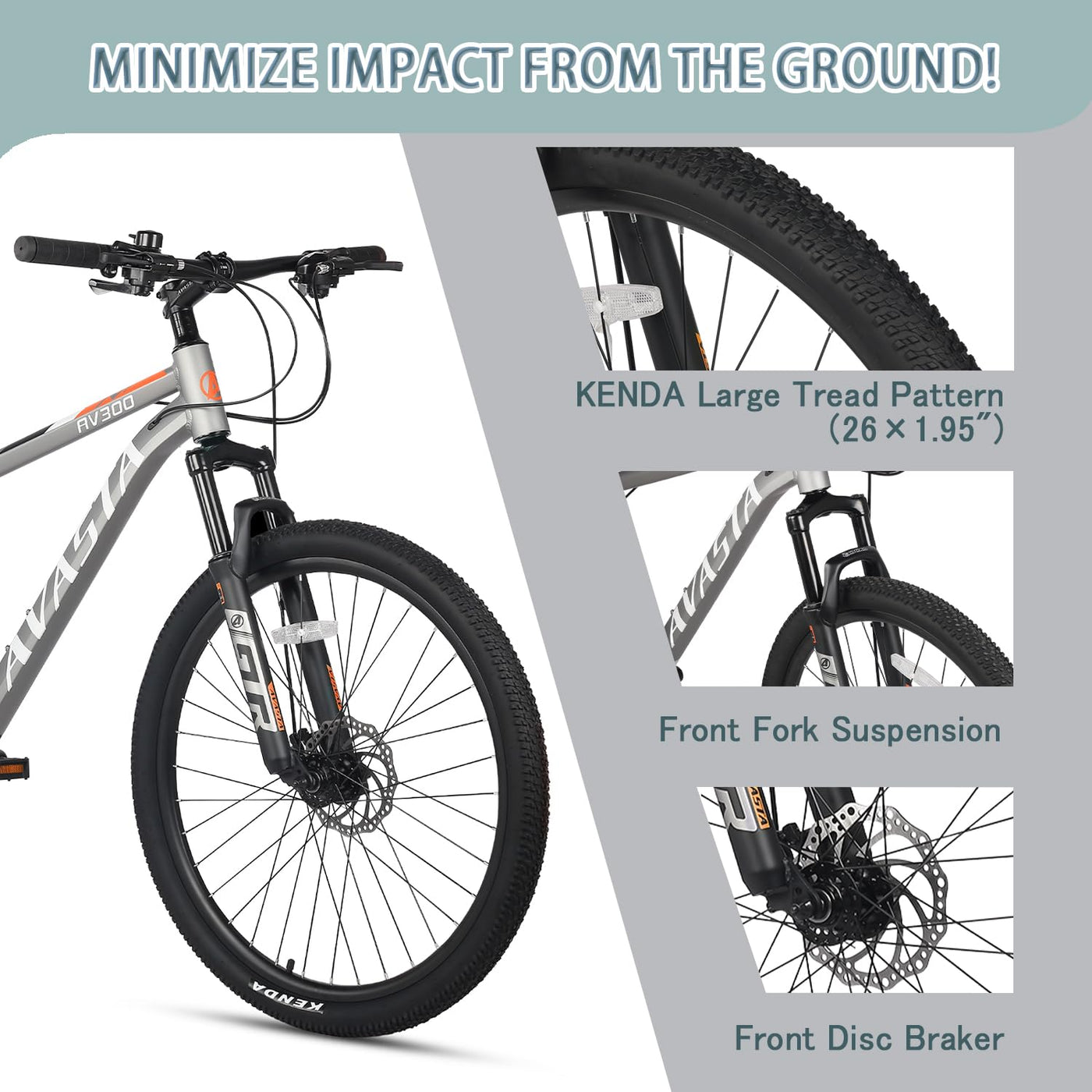 AVASTA AV300 26 Zoll Mountainbike MTB Pendlerrad Leichter Aluminiumrahmen 21 Gang Schaltung Vorderradfederung Scheibenbremsen vorne und hinten, Grau