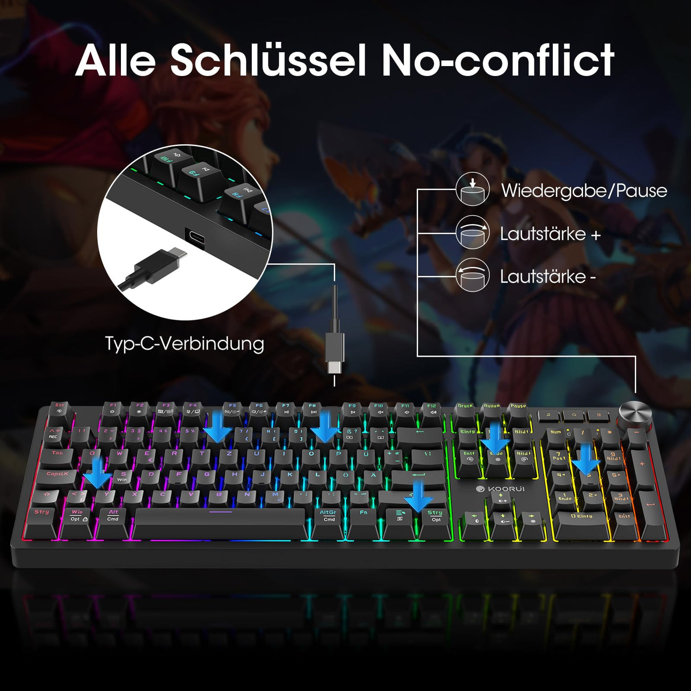 KOORUI Gaming Tastatur, Mechanisch Tastatur QWERTZ Deutsches Layout 104 Tasten 26 RGB Hinterleuchtet Kabelgebunden Gaming Keyboard für Windows MacOS Linux-Rotem Schalter