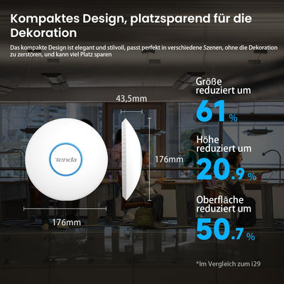Tenda i27 AX3000 WiFi 6 Access Point PoE (802.11ax Dualband, 1x GB PoE LAN-Port, WPA3 Sicherheit, Mehrere SSIDs, Verwaltbar über APP oder Weboberfläche, 802.3at PoE+ Powered, inkl. Netzteil)