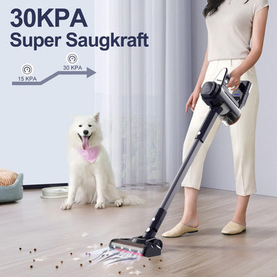 Hihhy Akku Staubsauger, 30000Pa Staubsauger Kabellos, Akkusauger Kabelloser Staubsauger Bis zu 45Mins Laufzeit, Stielstaubsauger mit Wandhalterung & Led-Licht für Haar, Teppich und Hartböden(Schwarz)